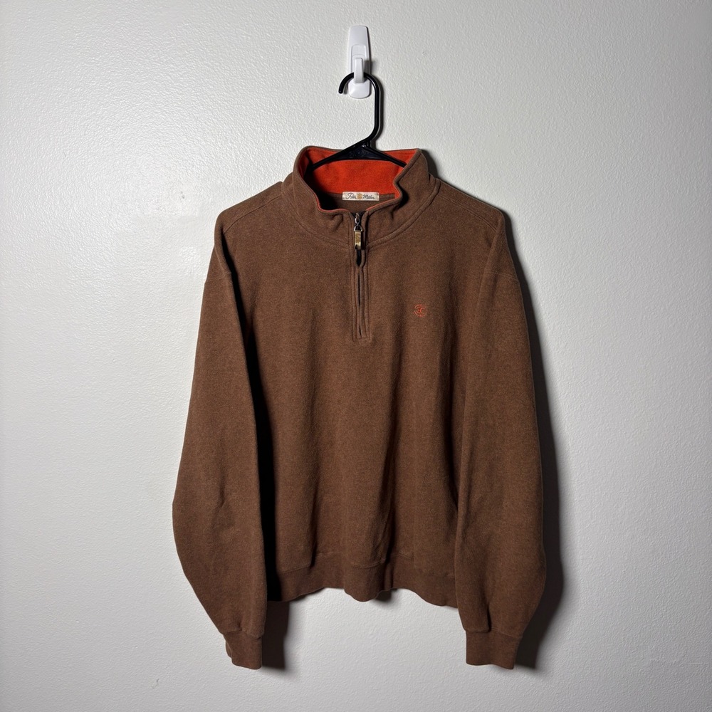 Peter Millar Mens Brown 100% Cotton Quarter Zip Pullover Sweater Orange Trim M